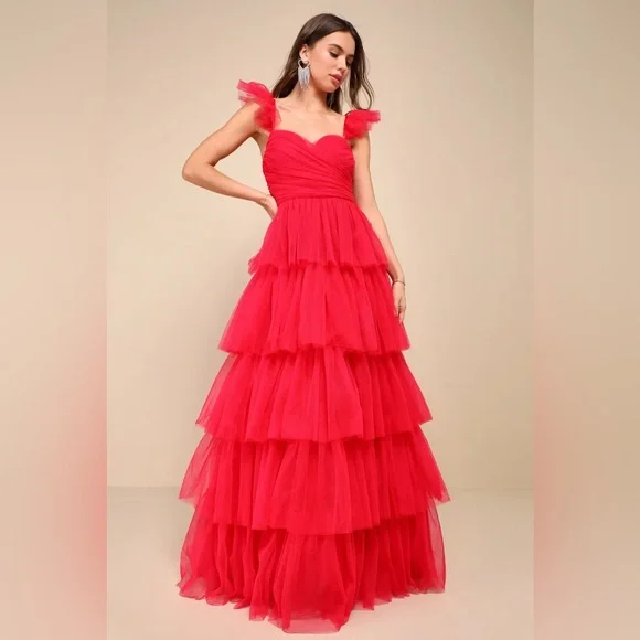 Lulus | Dresses | Lulus Fabulous Poise Bright Red Tulle Ruffled Tiered  Puffy Fun Maxi Dress | Poshmark
